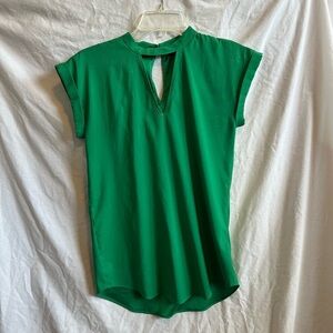Express Green Cap Sleeve Blouse with Cut Out Mandarin Collar